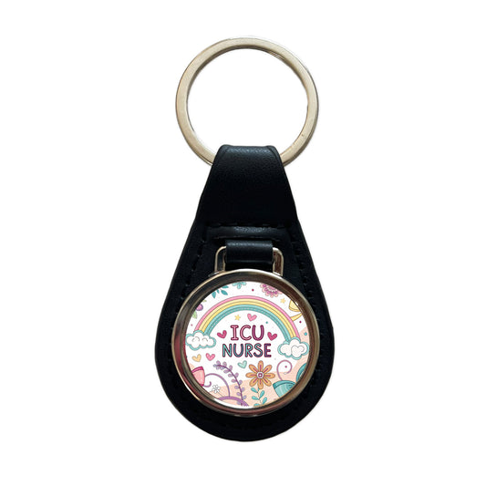 ICU Nurse Appreciation Coquette Bows Flowers Black Leather Metal Keychain