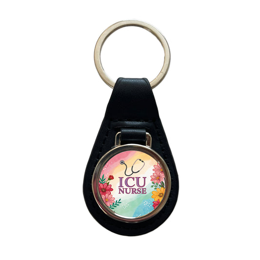 ICU Nurse Appreciation Stethoscope Flowers Floral Black Leather Metal Keychain