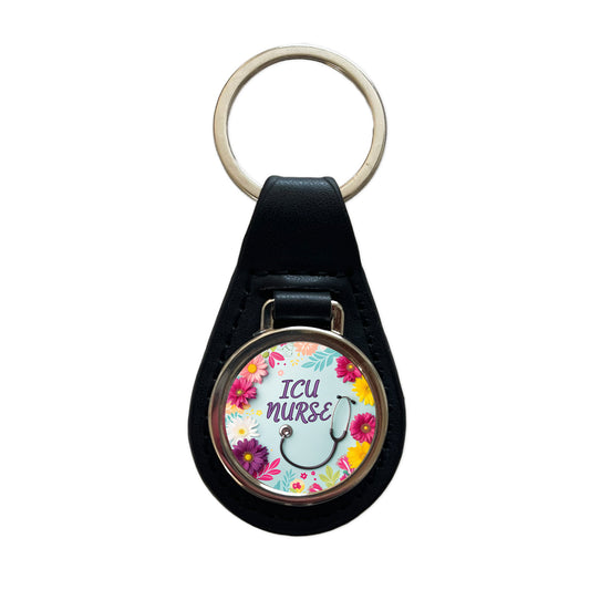 ICU Nurse Appreciation Stethoscope Flowers Black Leather Metal Keychain