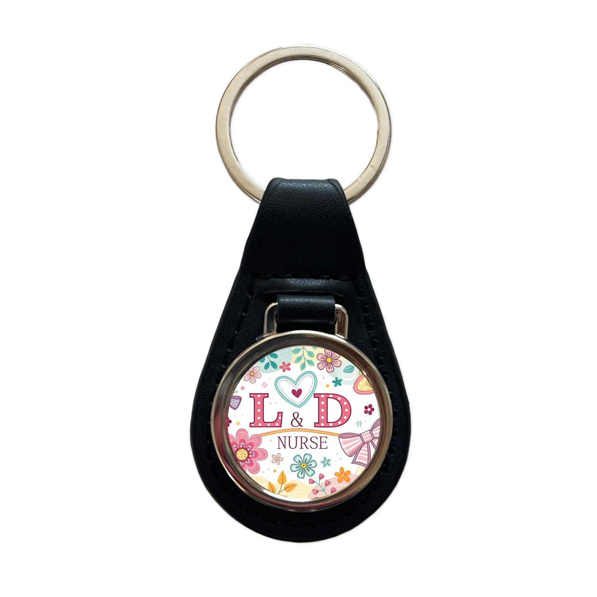 L & D Labor And Delivery Nurse Appreciation Coquette Bows Flowers Black Leather Metal Keychain