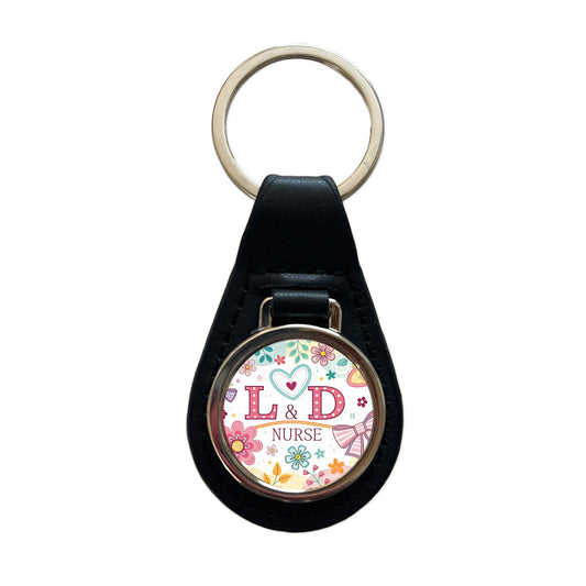 L & D Labor And Delivery Nurse Appreciation Coquette Bows Flowers Black Leather Metal Keychain