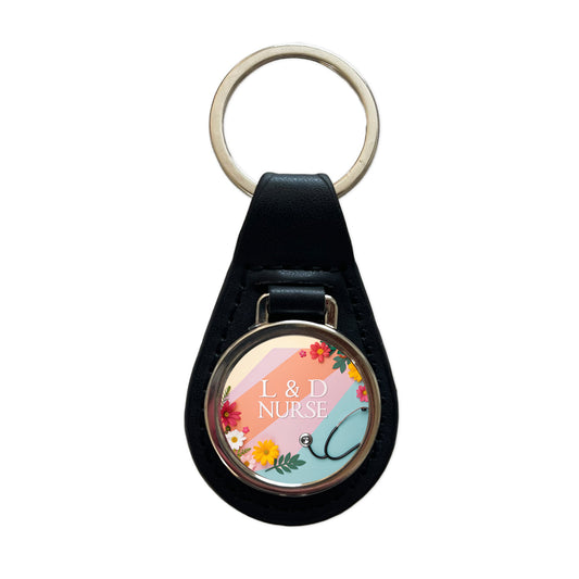 L & D Labor And Delivery Nurse Appreciation Stethoscope Flowers Black Leather Metal Keychain