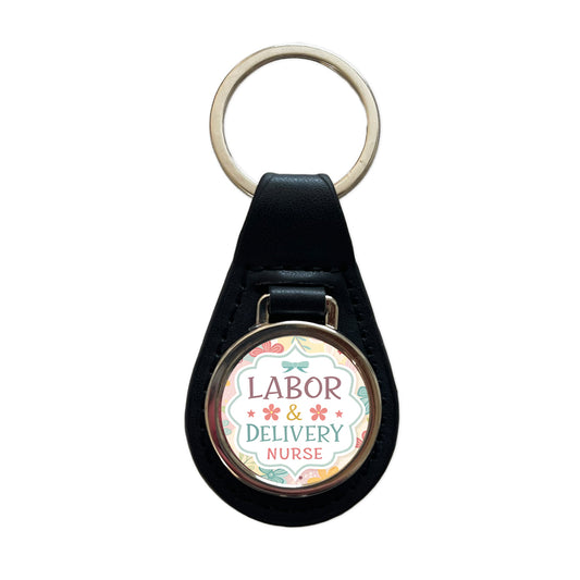 Labor & Delivery Nurse Appreciation Coquette Bows Flowers Black Leather Metal Keychain