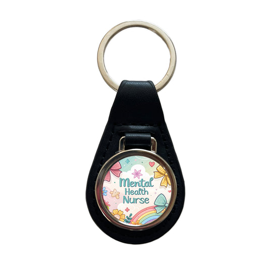 Mental Health Nurse Appreciation Coquette Bows Flowers Black Leather Metal Keychain