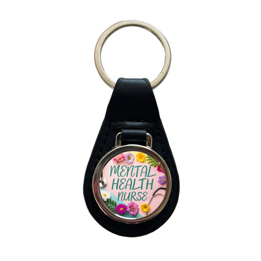 Mental Health Nurse Appreciation Stethoscope Flowers Black Leather Metal Keychain