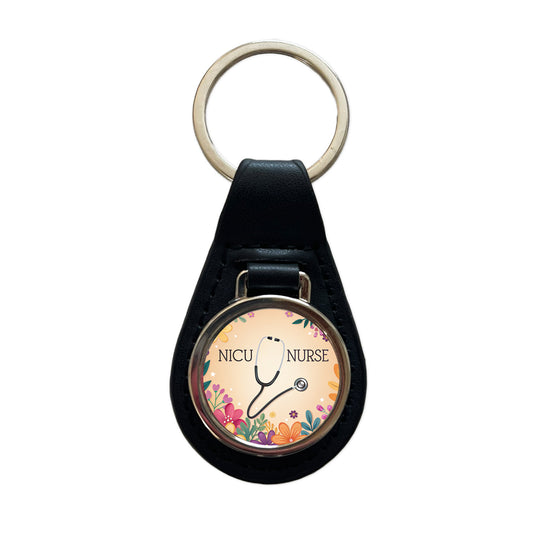 NICU Neonatal Nurse Appreciation Stethoscope Flowers Black Leather Metal Keychain