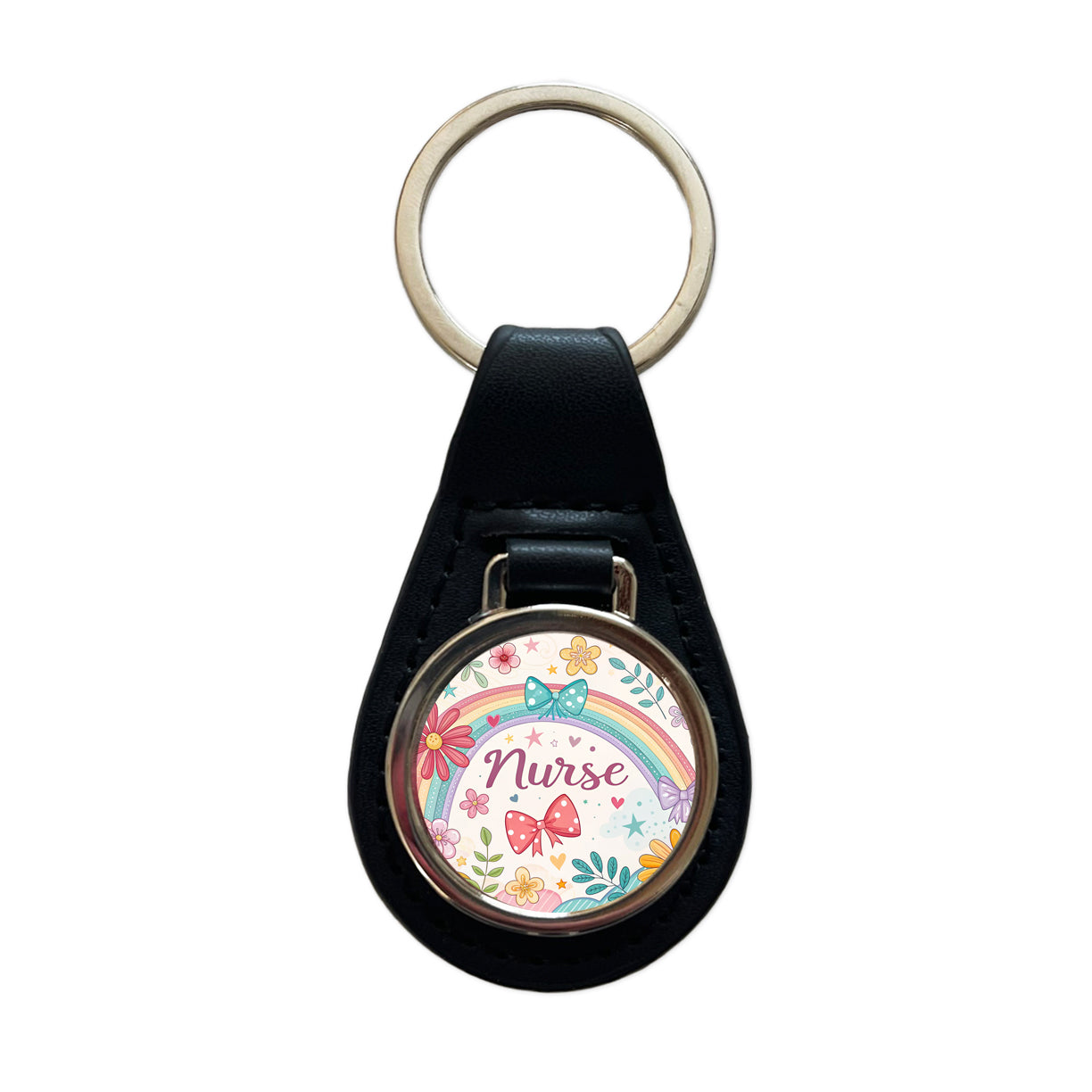 Nurse Appreciation Coquette Bows Flowers Black Leather Metal Keychain