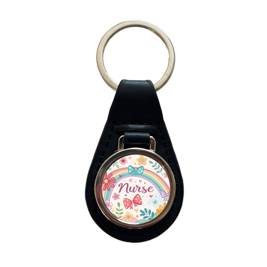 Nurse Appreciation Coquette Bows Flowers Black Leather Metal Keychain