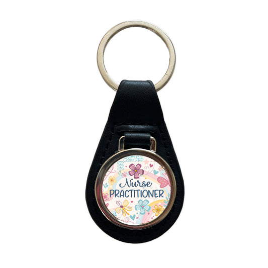 Nurse Practitioner Appreciation Coquette Bows Flowers Black Leather Metal Keychain