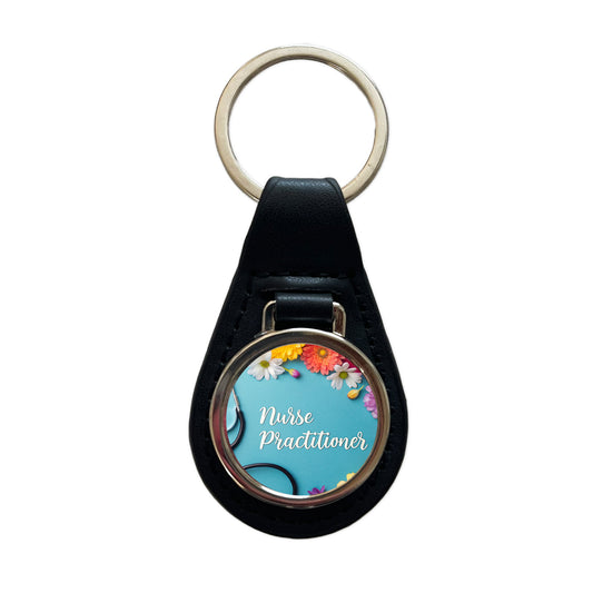 Nurse Practitioner Appreciation Stethoscope Flowers Black Leather Metal Keychain