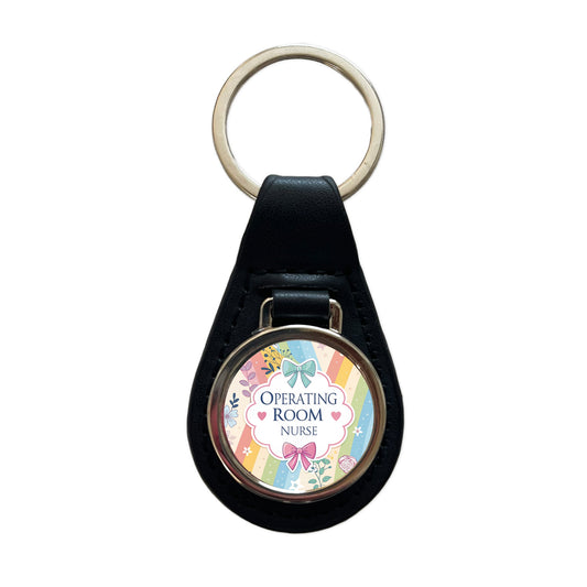 Operating Room Nurse Appreciation Coquette Bows Flowers Black Leather Metal Keychain