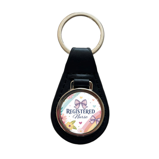 Registered Nurse RN Appreciation Coquette Bows Flowers Floral Black Leather Metal Keychain