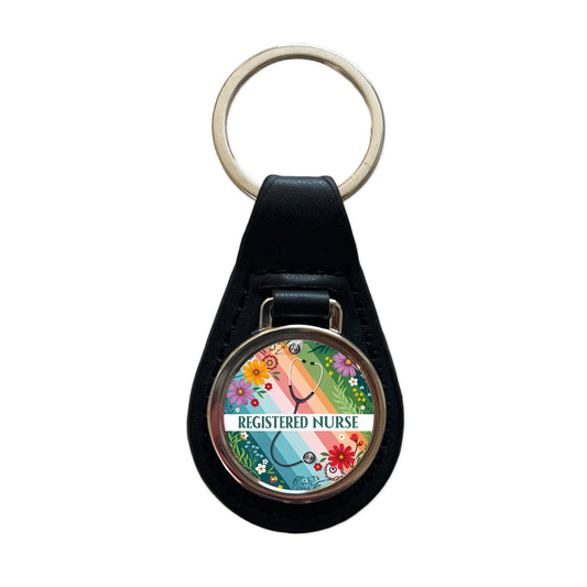 Registered Nurse RN Appreciation Stethoscope Colorful Flowers Black Leather Metal Keychain