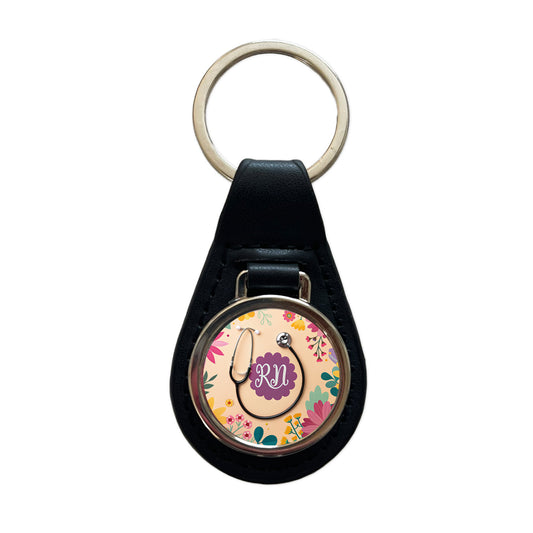 RN Registered Nurse Appreciation Stethoscope Flowers Black Leather Metal Keychain