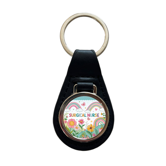Surgical Nurse Appreciation Coquette Bows Flowers Black Leather Metal Keychain