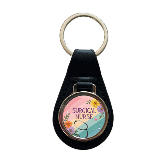 Surgical Nurse Appreciation Stethoscope Flowers Black Leather Metal Keychain