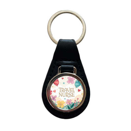 Travel Nurse Appreciation Coquette Bows Flowers Black Leather Metal Keychain