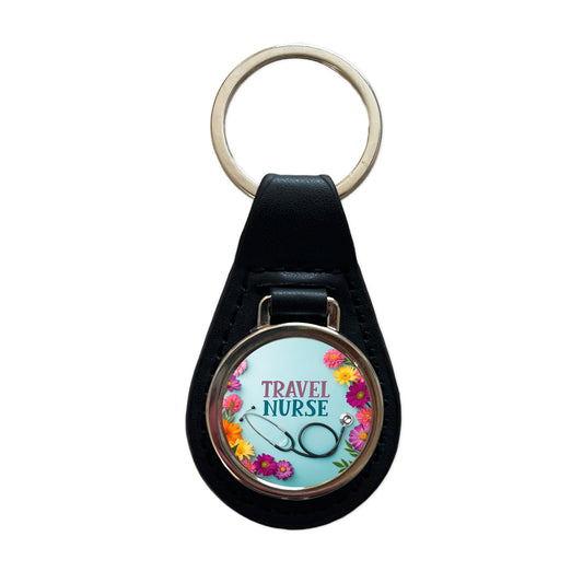 Travel Nurse Appreciation Stethoscope Flowers Black Leather Metal Keychain
