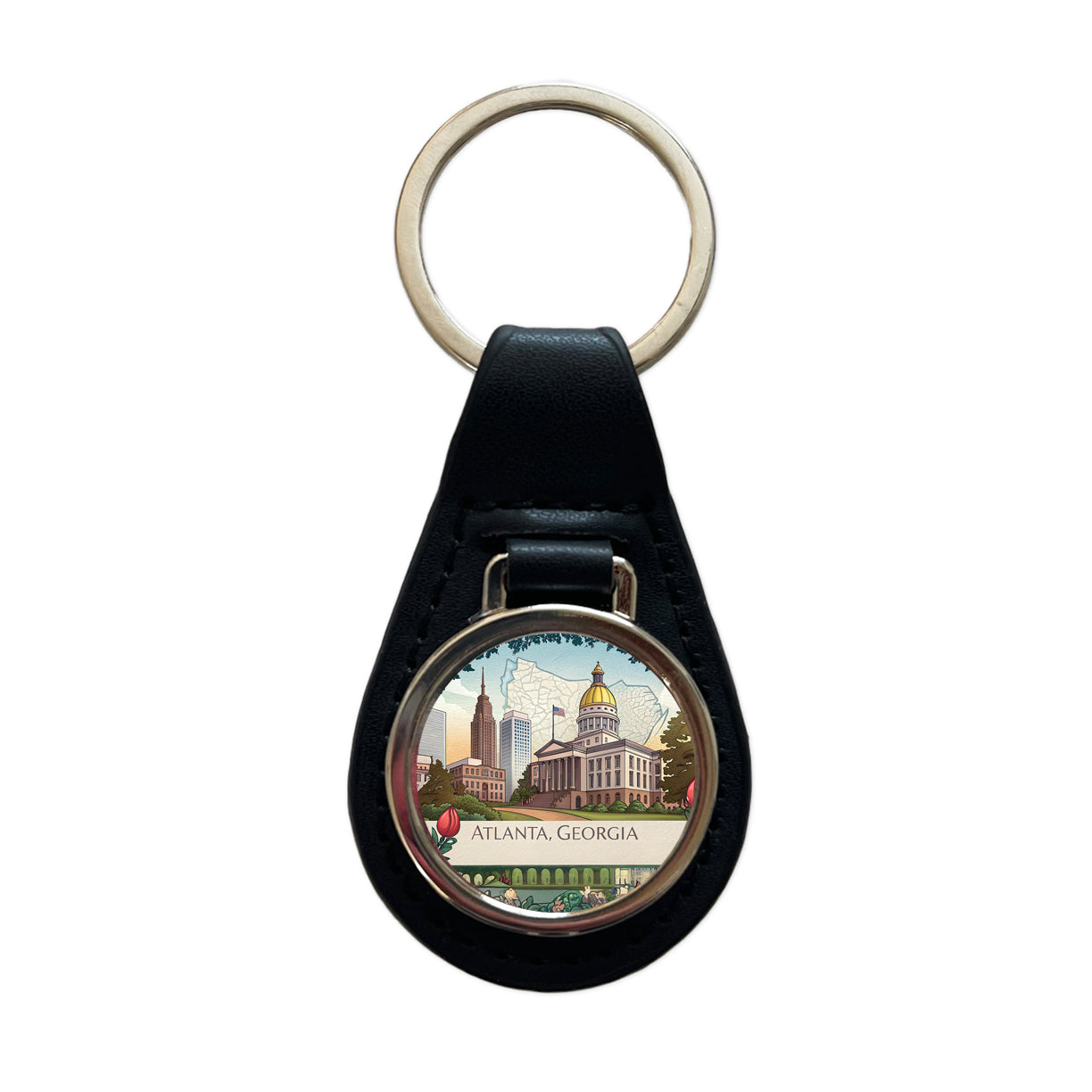 Atlanta, Georgia GA Travel City State Stamp Black Leather Metal Keychain