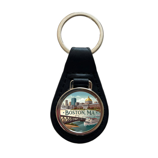 Boston, Massachusetts MA Travel City State Stamp Black Leather Metal Keychain