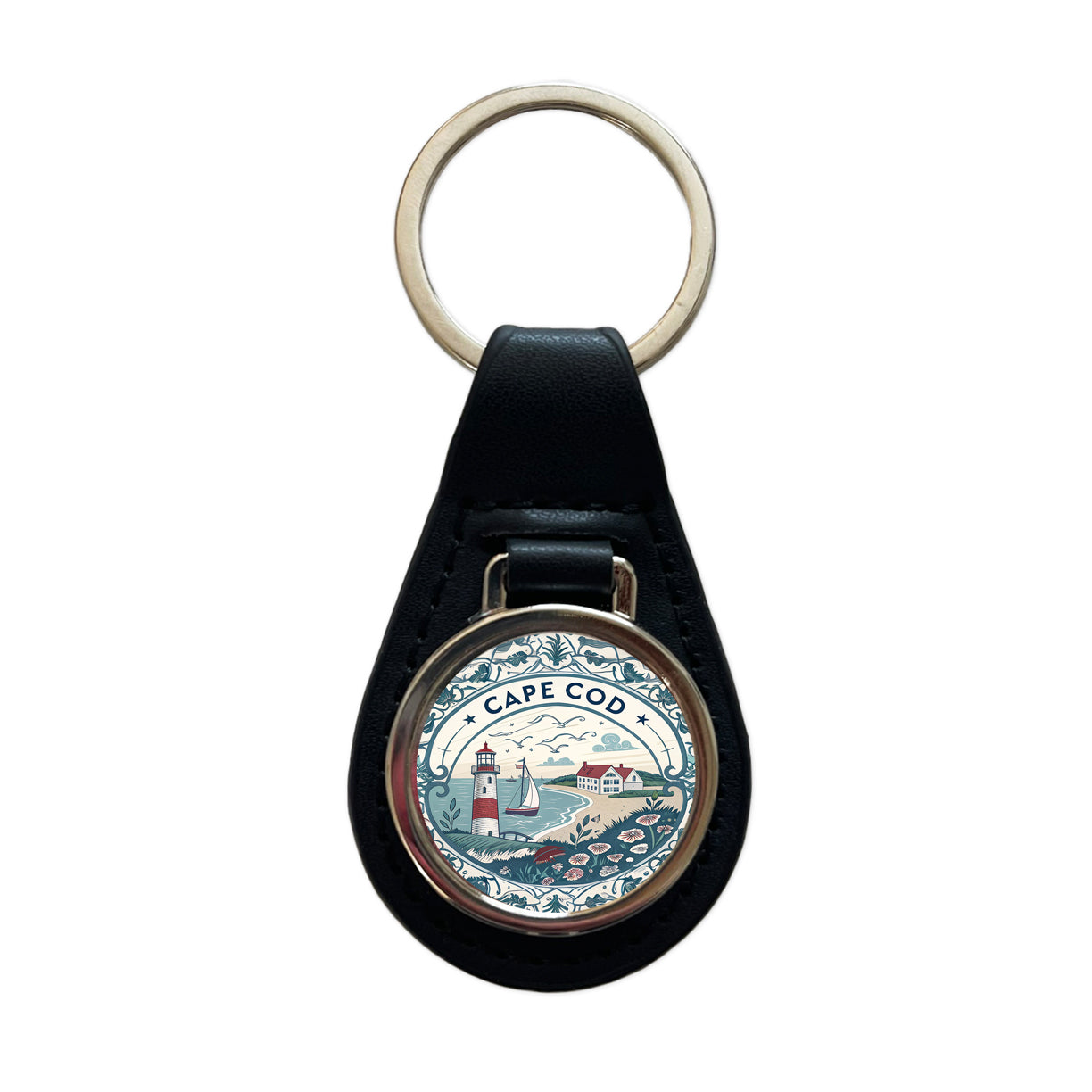 Cape Cod, Massachusetts MA Travel City State Stamp Black Leather Metal Keychain