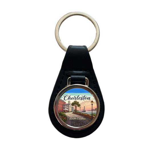 Charleston, South Carolina SC Travel City State Stamp Black Leather Metal Keychain
