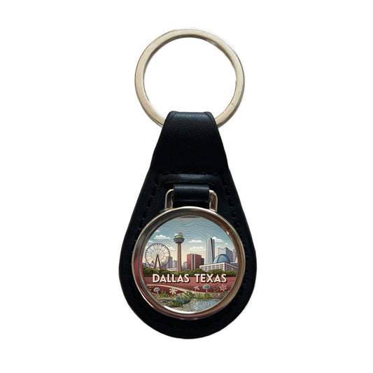 Dallas, Texas TX Travel City State Stamp Black Leather Metal Keychain