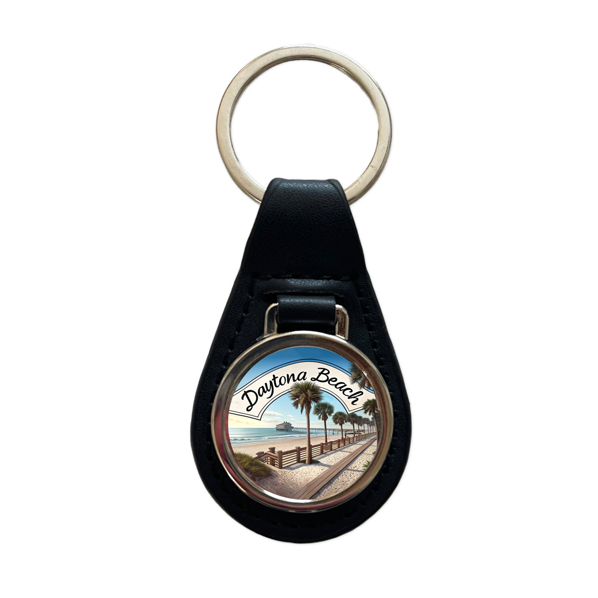 Daytona Beach, Florida FL Travel City State Stamp Black Leather Metal Keychain