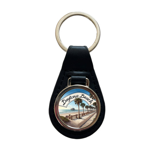 Daytona Beach, Florida FL Travel City State Stamp Black Leather Metal Keychain