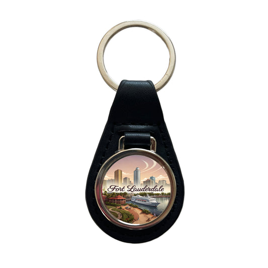 Fort Lauderdale, Florida FL Travel City State Stamp Black Leather Metal Keychain