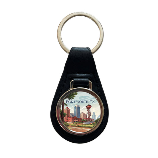 Fort Worth, Texas TX Travel City State Stamp Black Leather Metal Keychain