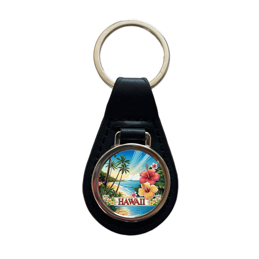 Hawaii HI Travel City State Stamp Black Leather Metal Keychain
