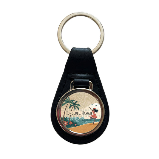 Honolulu, Hawaii HI Travel City State Stamp Black Leather Metal Keychain