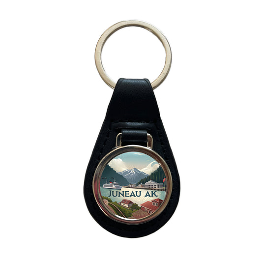 Juneau, Alaska AK Travel City State Stamp Black Leather Metal Keychain