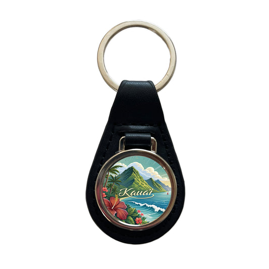 Kaua'i, Hawaii HI Travel City State Stamp Black Leather Metal Keychain