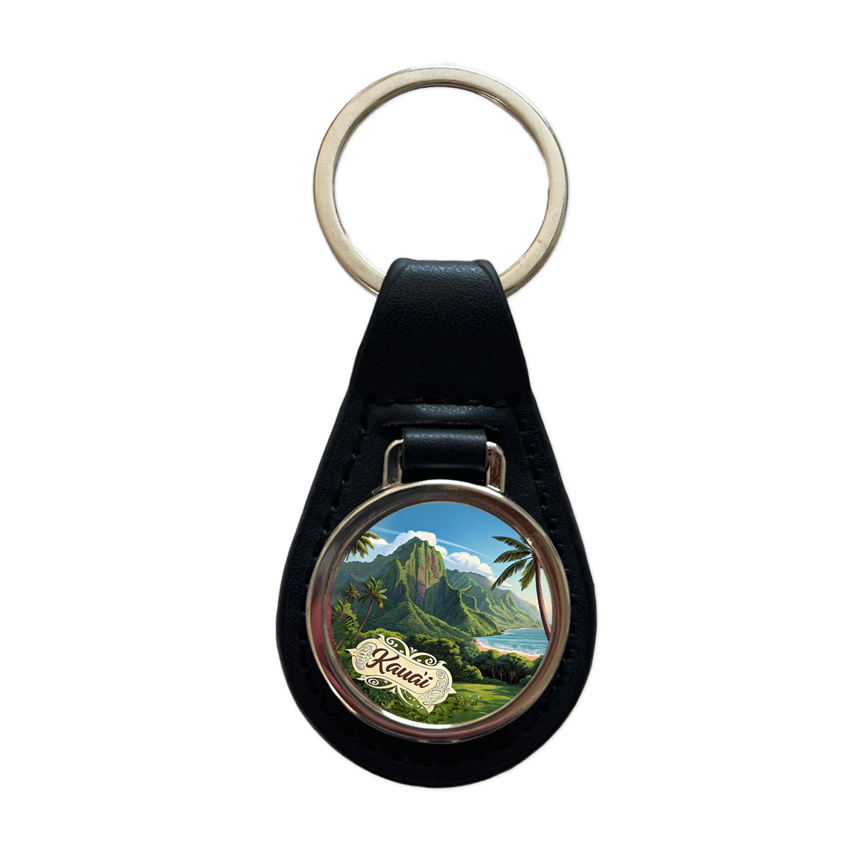 Kaua'i, Hawaii Hi Tropical Travel City State Stamp Black Leather Metal Keychain