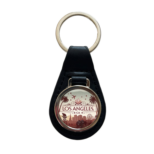 Los Angeles, California CA Travel City State Stamp Black Leather Metal Keychain