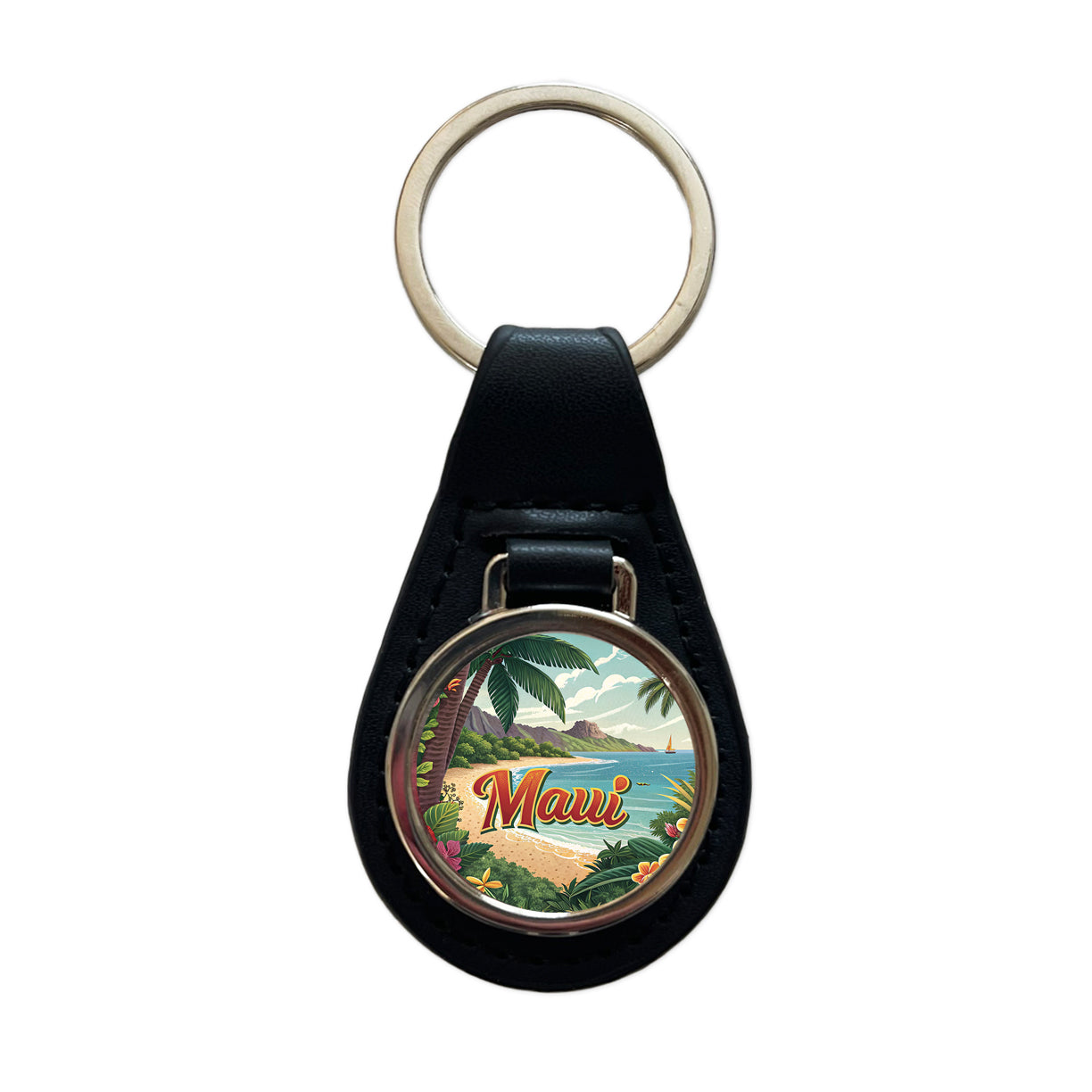 Maui, Hawaii HI Tropical Travel City State Stamp Black Leather Metal Keychain