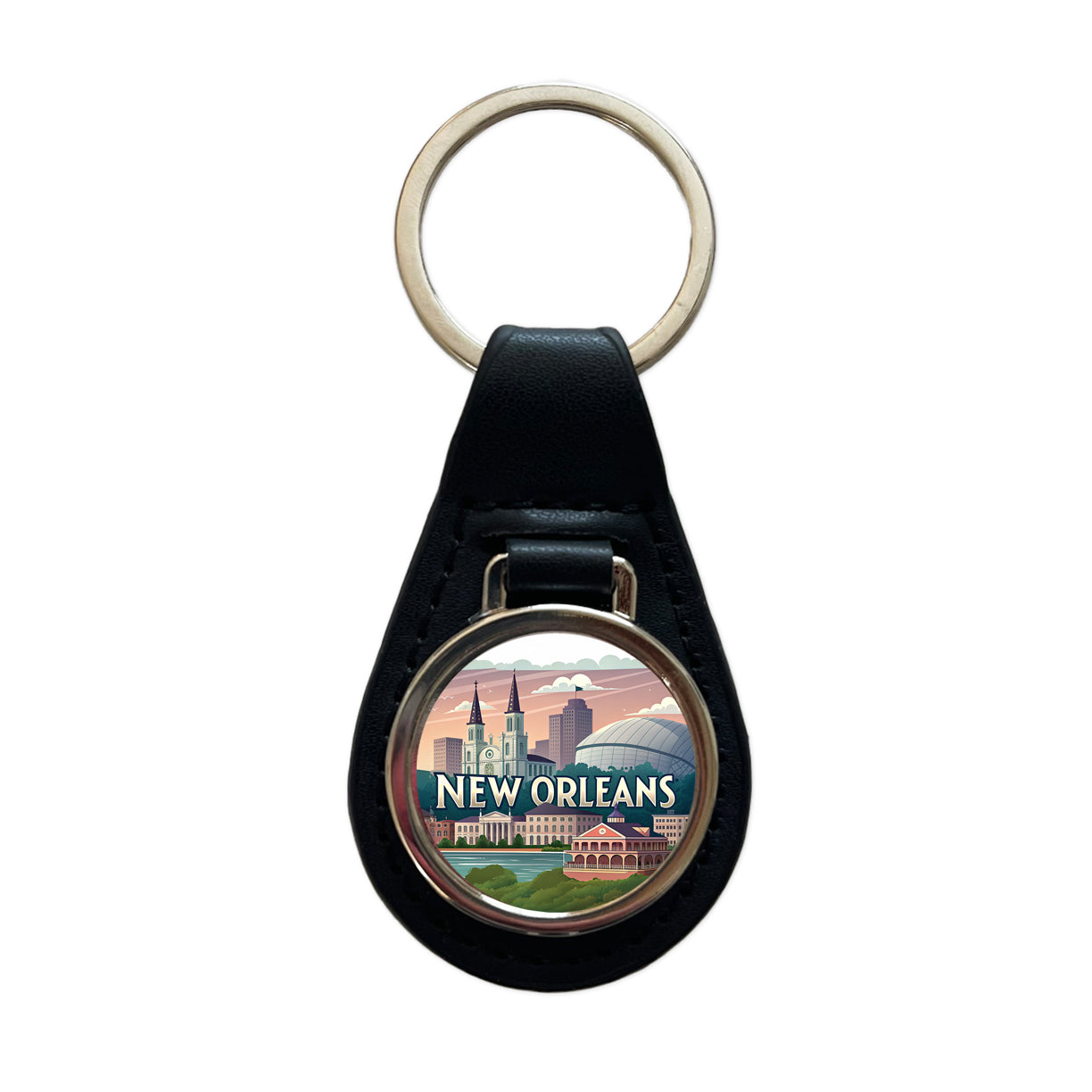 New Orleans, Louisiana LA Travel City State Stamp Black Leather Metal Keychain