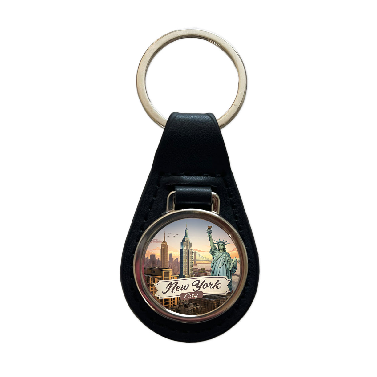 New York City NY Travel City State Stamp Black Leather Metal Keychain