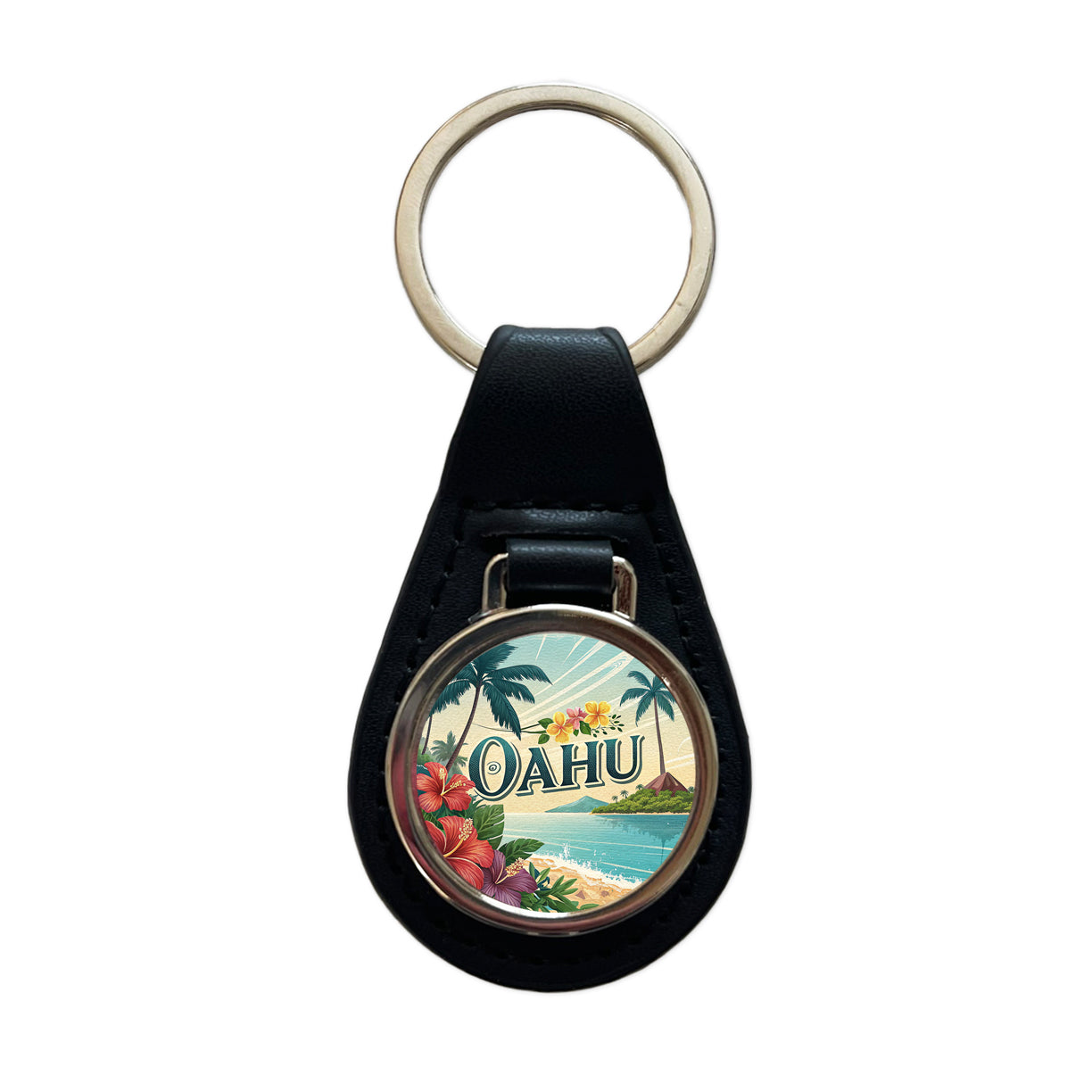 O'Ahu Hawaii HI Travel City State Stamp Black Leather Metal Keychain