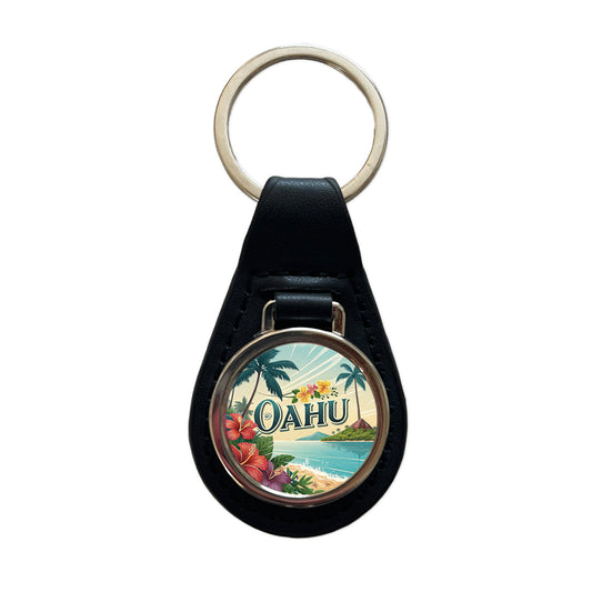 O'Ahu Hawaii HI Travel City State Stamp Black Leather Metal Keychain