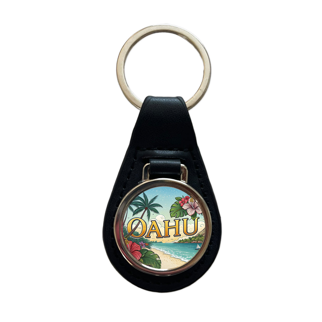 O'Ahu Hawaii HI Tropical Travel City State Stamp Black Leather Metal Keychain