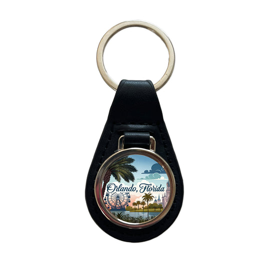 Orlando, Florida FL Travel City State Stamp Black Leather Metal Keychain