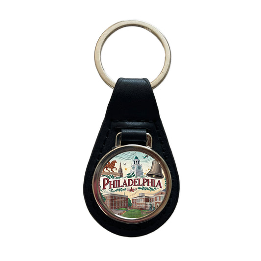 Philadelphia PA Travel City State Stamp Black Leather Metal Keychain