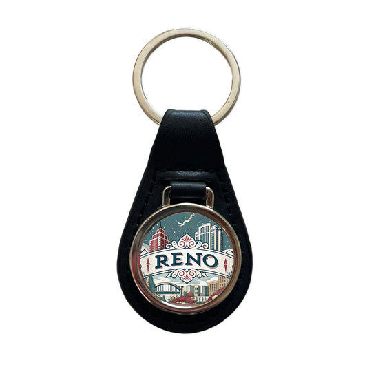Reno, Nevada NV Travel City State Stamp Black Leather Metal Keychain