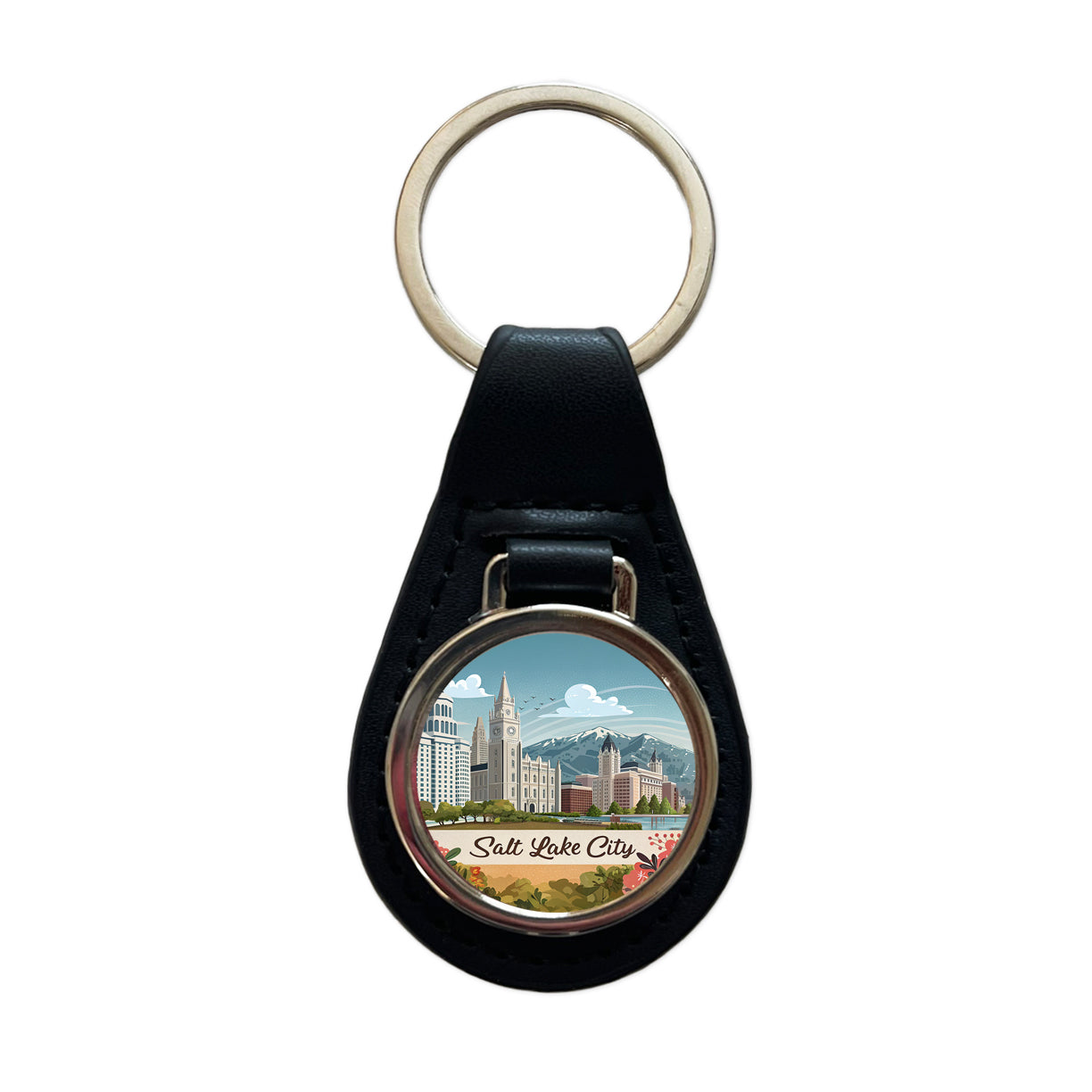 Salt Lake City, Utah UT Travel City State Stamp Black Leather Metal Keychain