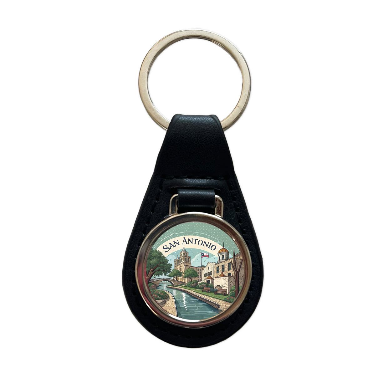 San Antonio, Texas TX Travel City State Stamp Black Leather Metal Keychain