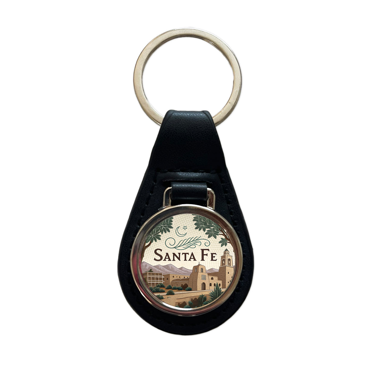 Santa Fe, New Mexico NM Travel City State Stamp Black Leather Metal Keychain