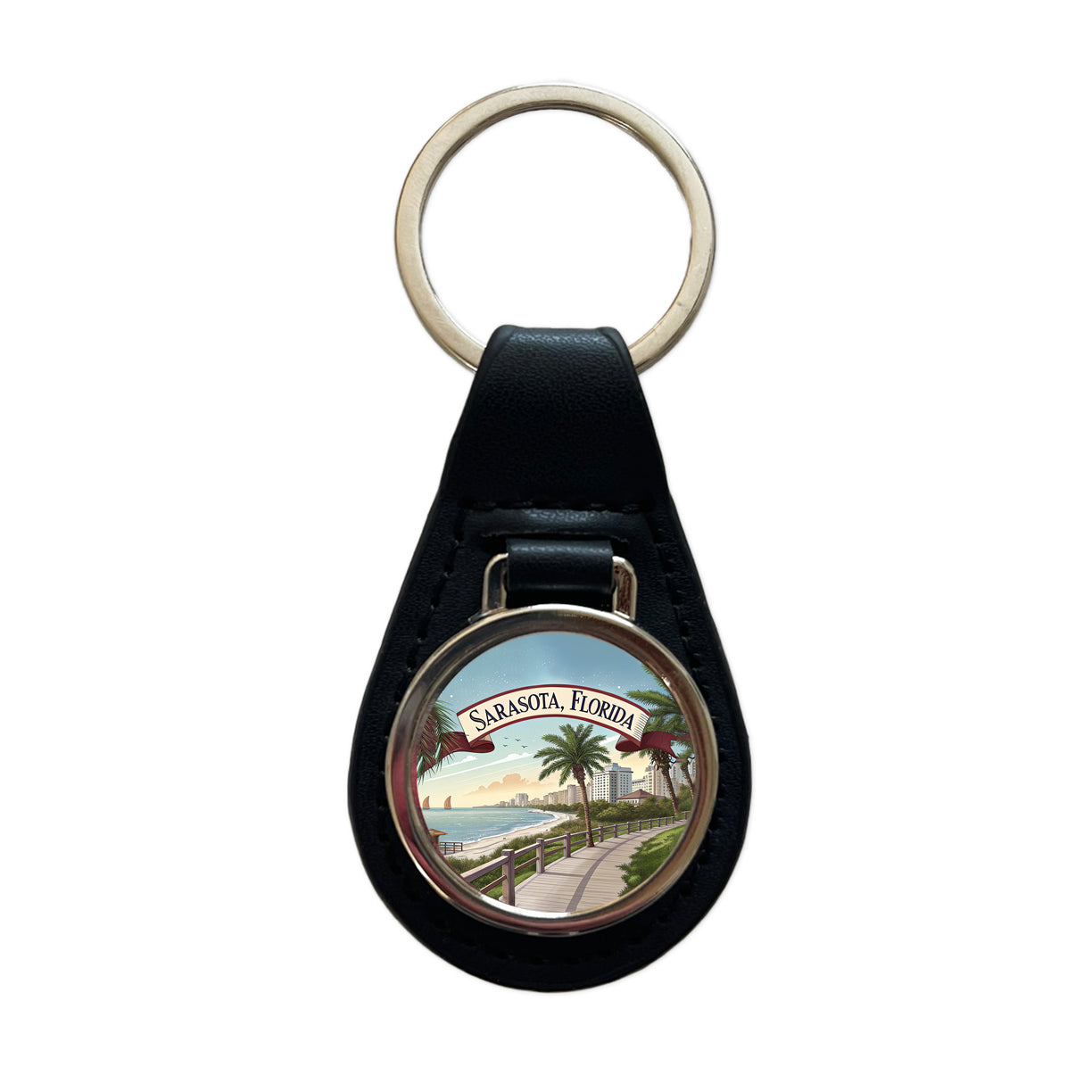 Sarasota, Florida FL Travel City State Stamp Black Leather Metal Keychain